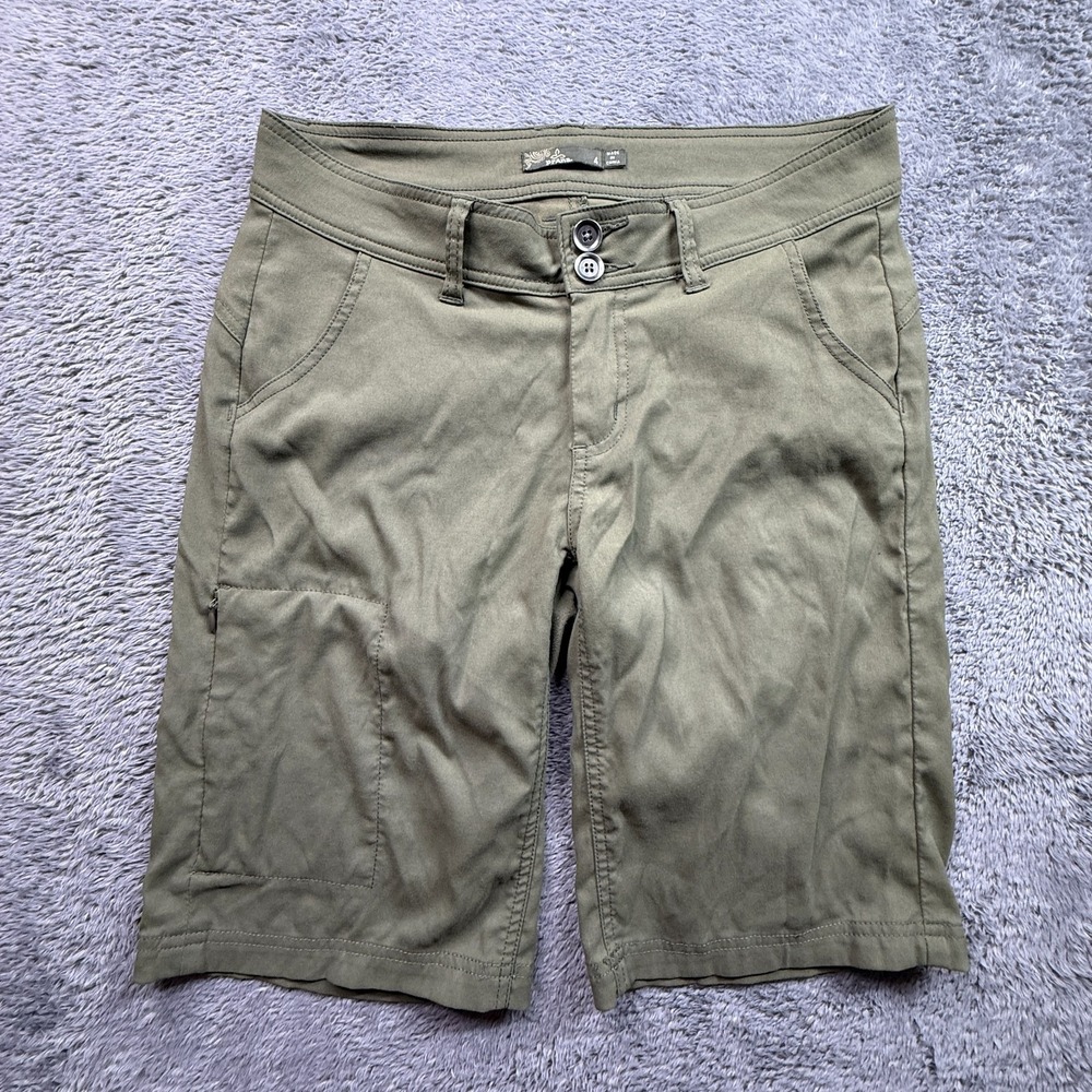 Prana Womens Stretch Hiking Outdoor Shorts Sz 4 Green Zipper Pocket W3HALS116